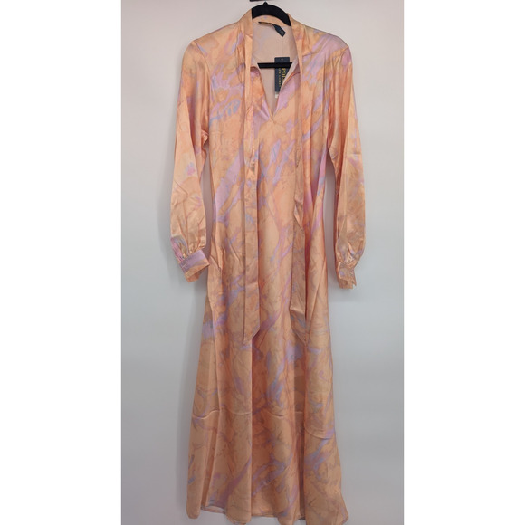 NWD Polo Ralph Lauren Rily 100% Silk Tie Collar Maxi Dress Sz 4 Peach Dye #1H458 - Picture 2 of 14